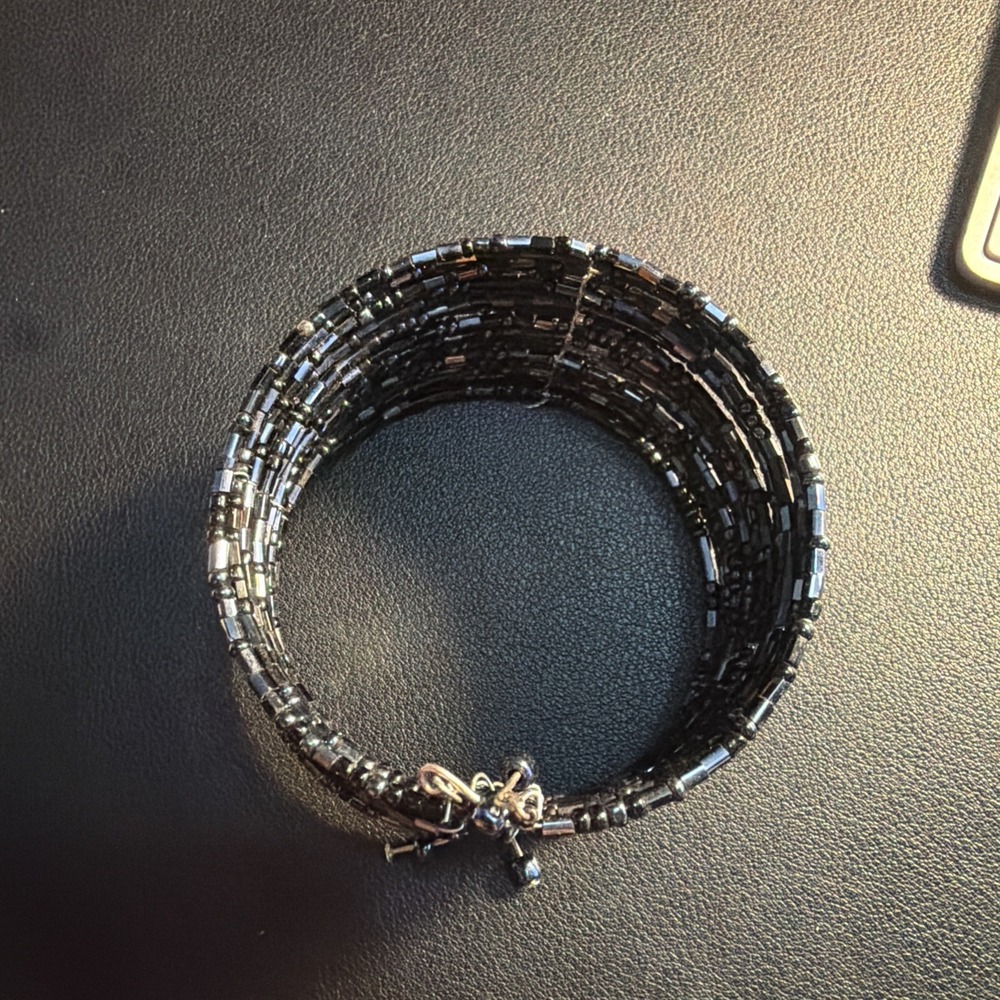 Black Beaded Multi-Layer Wire Wrapped Cuff Bracelet